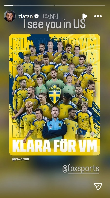 曾出战两届世界杯！伊布转发瑞典队晋级世界杯海报：美国见