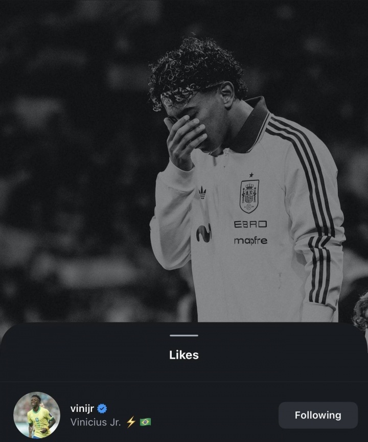 维尼修斯点赞亚马尔谴责种族歧视帖文，前者曾多次遭遇种族歧视