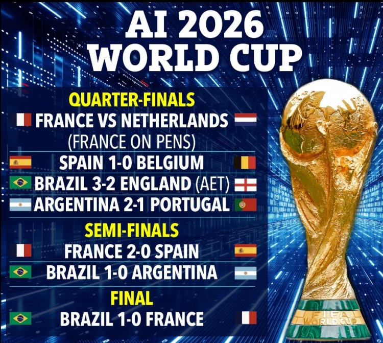 AI预测世界杯：1/4决赛阿根廷2-1葡萄牙，决赛巴西1-0法国