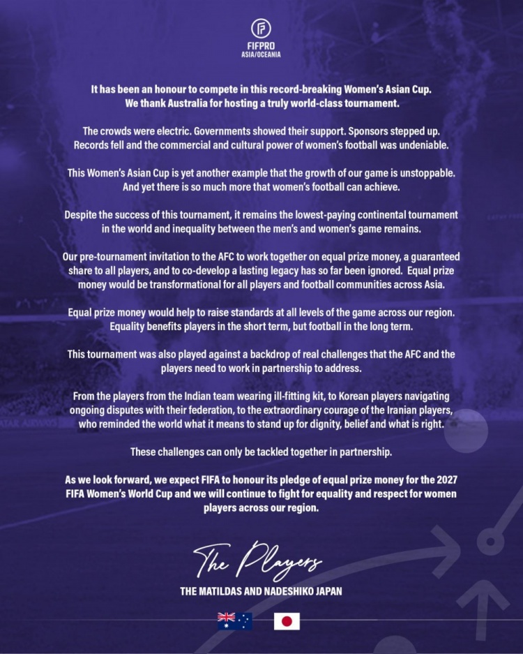 澳大利亚女足和日本女足共同发表声明，要求提高女足赛事奖金
