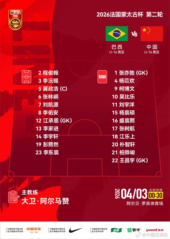 U16国少vs巴西U16首发：刘凯源、李佑安、李沅锡、彭熙然出战