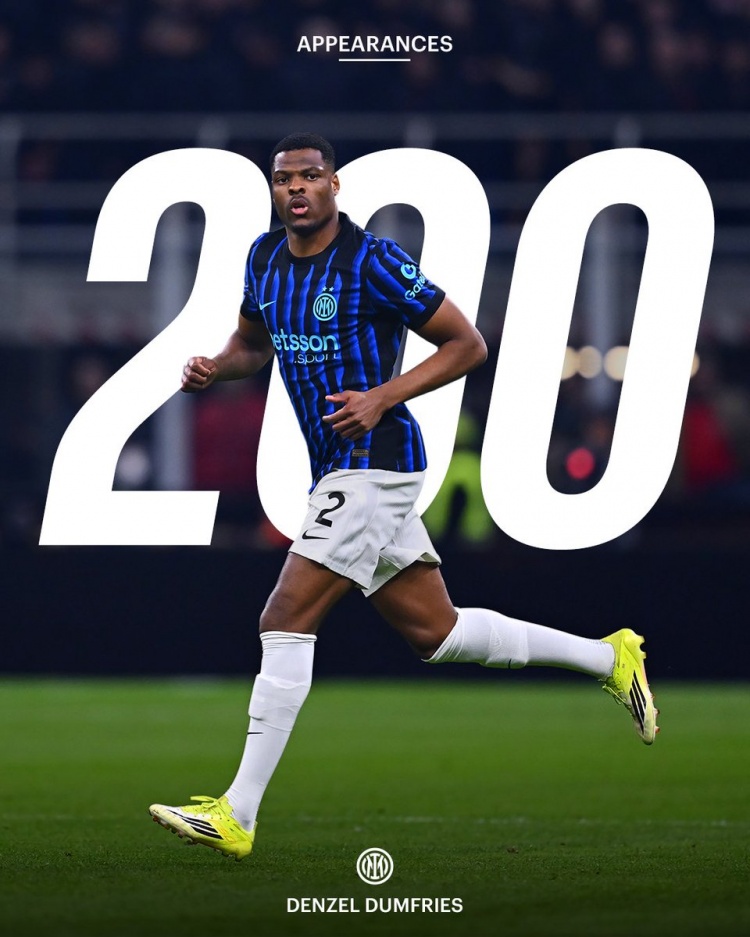 邓弗里斯达成国米生涯200场比赛里程碑，贡献25球26助