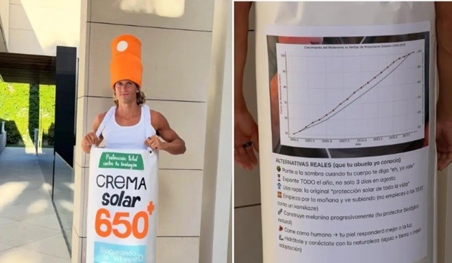 马卡：略伦特装扮成一管防晒霜，宣传让人们拒绝使用防晒霜