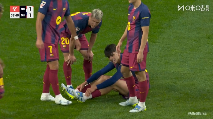 巴萨跟队：贝尔纳尔踝关节韧带轻度受伤，预计缺席10天左右