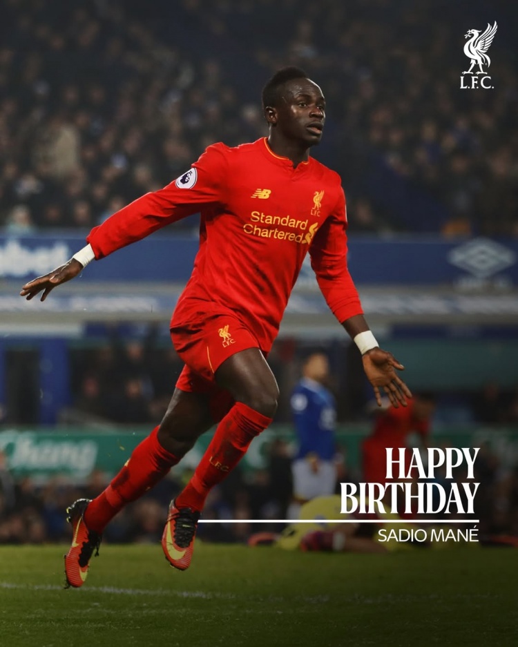 利物浦祝马内34岁生日快乐，球员为红军出战269场120球42助