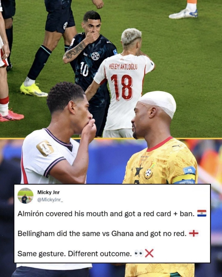 记者：巴拉圭足协已正式向FIFA投诉，质疑贝林捂嘴未染红双标