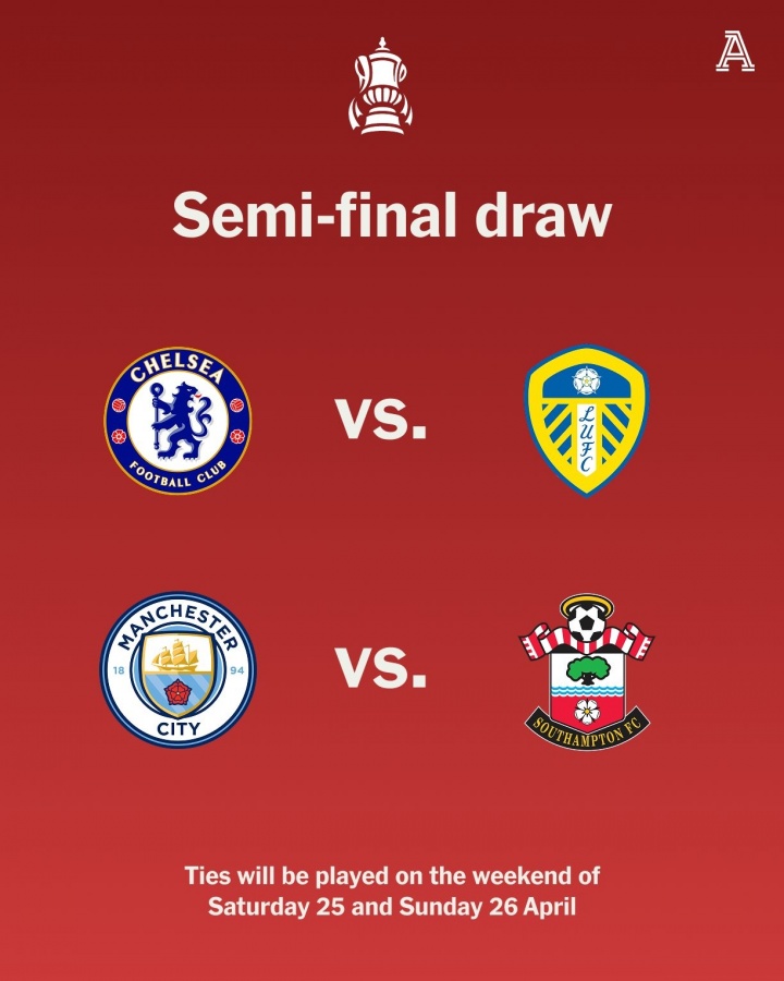 足总杯四强对阵：曼城将战南安普顿，切尔西对决利兹联