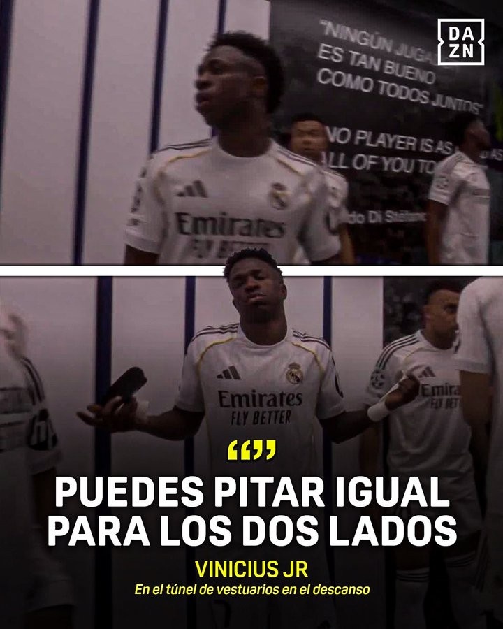 维尼修斯中场休息时向裁判抱怨：你应该对两支球队进行公正吹罚