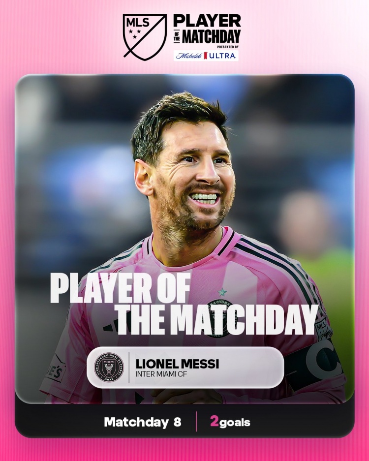 再获当轮最佳！官方：梅西已是MLS历史上获该奖项并列第二多球员