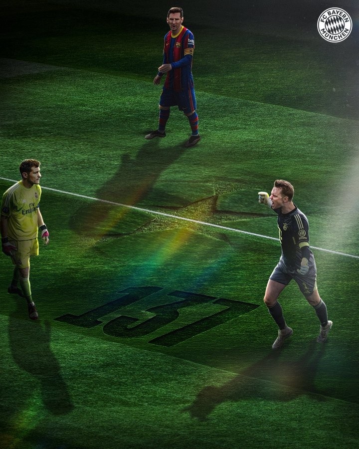 拜仁官方晒图：诺伊尔为单一球队欧冠首发137次升第2，已超越梅西