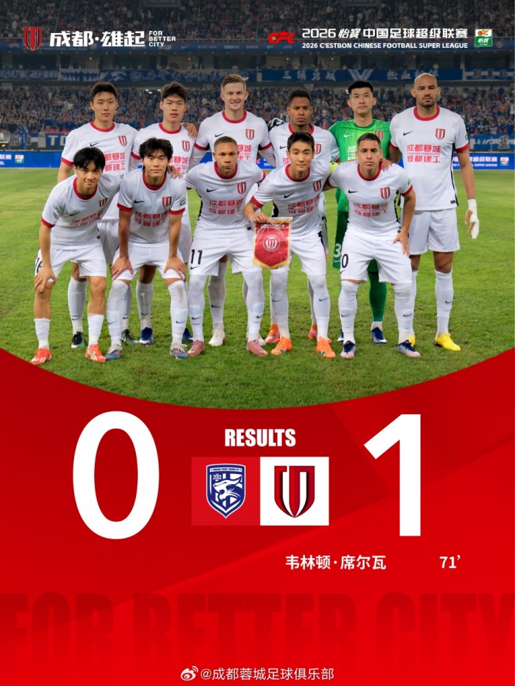 成都蓉城客场1-0武汉三镇，收获三连胜，继续领跑积分榜