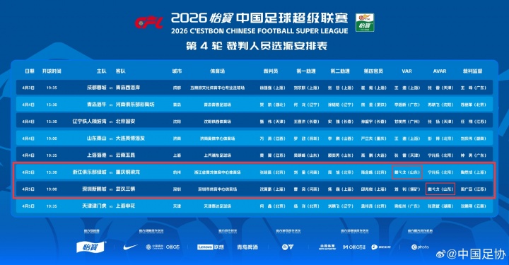启用视频裁判远程中心!戴弋戈周日参与2场中超执法 杭州深圳各1场