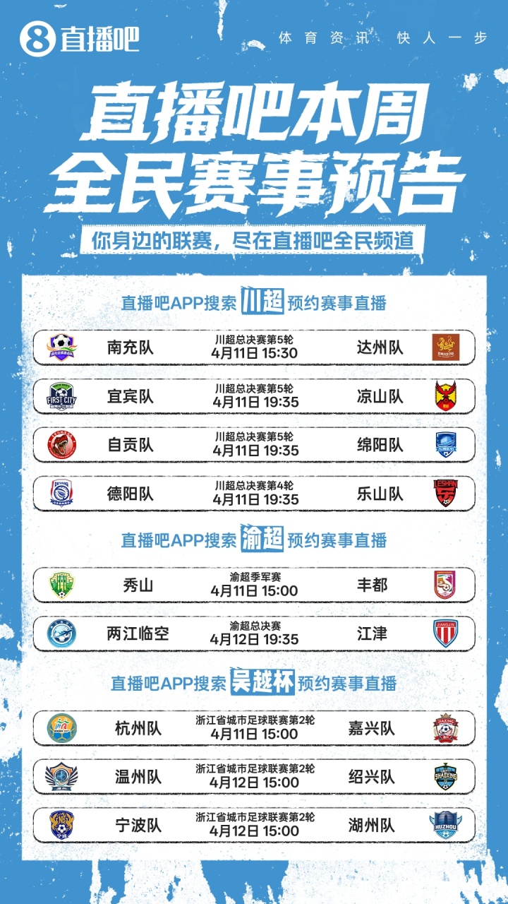 周末看球不迷路！川超渝超吴越杯开战 直播吧全民频道全程直播
