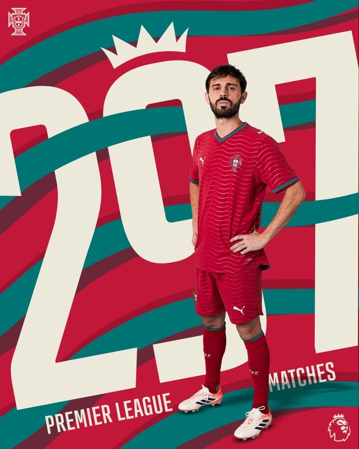 B席完成英超第297次出场，成为该联赛出场最多的葡萄牙球员