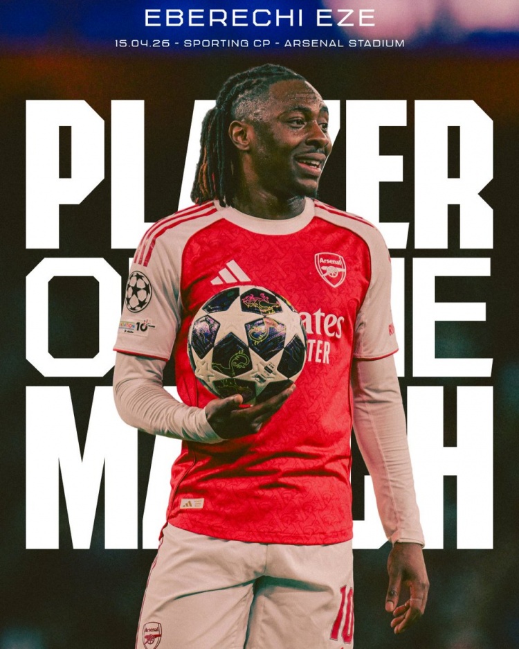 1次关键传球+2次抢断！埃泽当选本轮欧冠阿森纳队内最佳球员