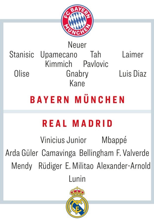 踢球者预测拜仁vs皇马首发：格纳布里出战，贝林+卡马文加双后腰