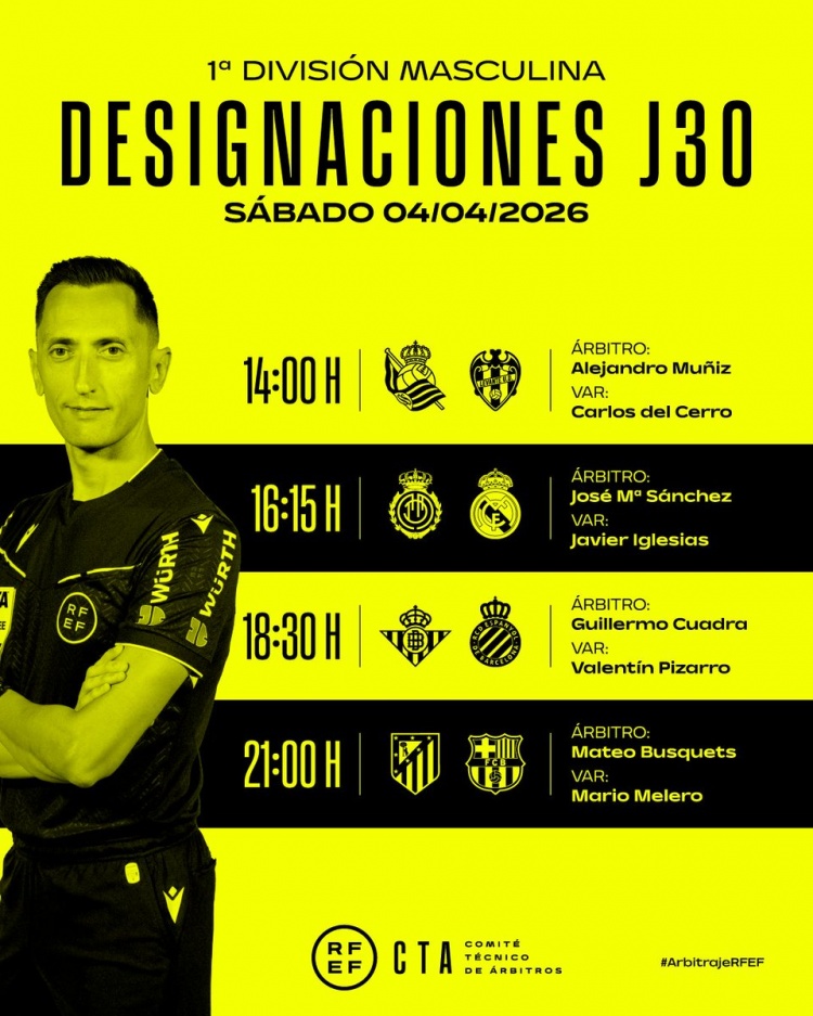 西甲明日比赛裁判安排：马特奥·布斯克茨执法马竞vs巴萨